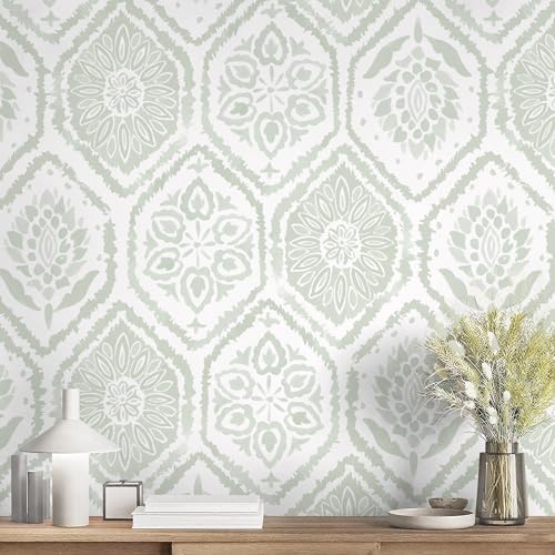 HeloHo Peel and Stick Wallpaper Green Contact Paper Boho Wall Paper Modern Geometric Removable Self Adhesive Wallpapers for Bedroom Bathroom Cabinet Waterproof Decor Vinyl Rolls 78.8" X 17.3" - Image 1