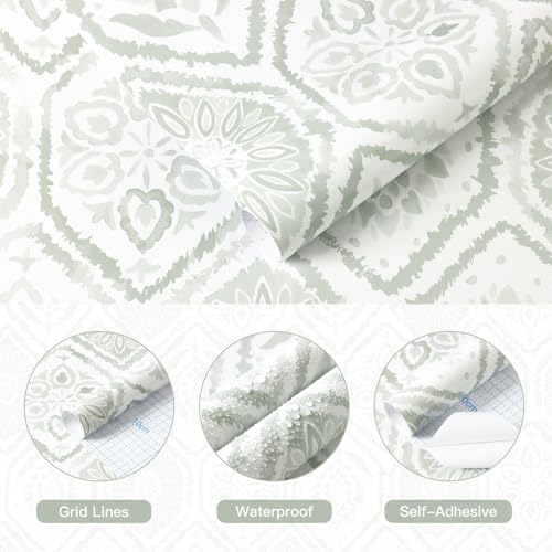 HeloHo Peel and Stick Wallpaper Green Contact Paper Boho Wall Paper Modern Geometric Removable Self Adhesive Wallpapers for Bedroom Bathroom Cabinet Waterproof Decor Vinyl Rolls 78.8" X 17.3" - Image 5