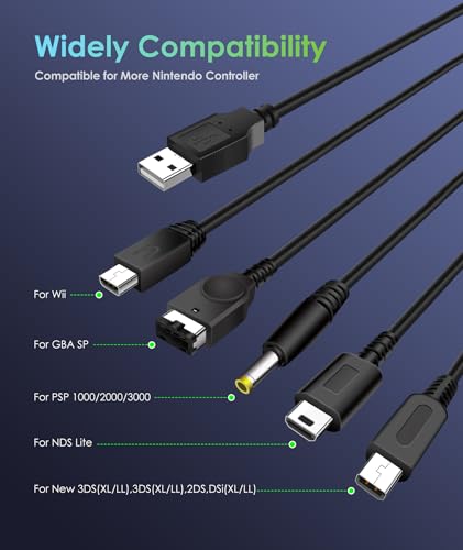 6amLifestyle 5 in 1 USB Charger Cable for Nintendo DS Lite/Wii U/New 3DS 3DS 2DS DSi (XL/LL),NDS/Gameboy Advance SP, PSP 1000 2000 3000, Multi-Functional USB Charging Cord with Cable Tie - Image 3