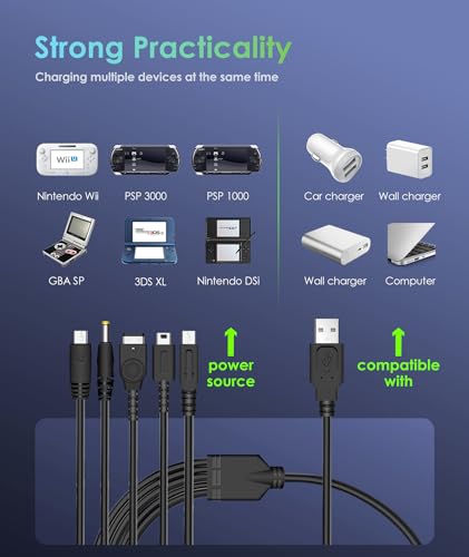 6amLifestyle 5 in 1 USB Charger Cable for Nintendo DS Lite/Wii U/New 3DS 3DS 2DS DSi (XL/LL),NDS/Gameboy Advance SP, PSP 1000 2000 3000, Multi-Functional USB Charging Cord with Cable Tie - Image 5
