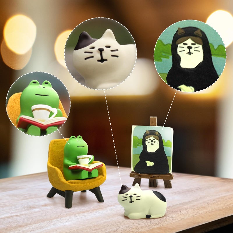 RAQWI Cute Frog Reading on Yellow Sofa Figurine with Cat Painting & Kitten Statue, Mini Resin Animal Set for Office Desk, Bookshelf Decor, Gift for Book & Cat Lovers - Image 3