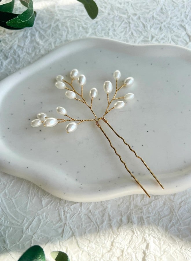 DORMITORRY Bridal Hair Accessories for Women, White Pearl Hair Clip, Juda Bun Pin, Wedding Hair Pin, Bridesmaid Jewelry, Elegant Pearl Bridal Clip, Indian Bridal Hair Jewelry, 3 pcs - Gold. - Image 2