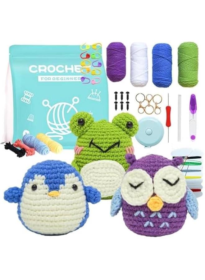 MIXDE Crochet Kit for Beginners, 3 Pattern Animals-Owl, Penguin, Frog, Knitting Kit for Adult Kids , Hook, Accessories - Image 1