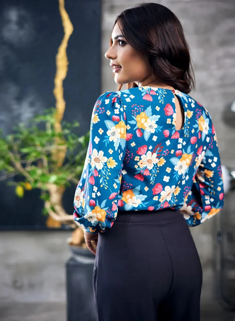 Zigzag Floral Long Sleeve Blue Chiffon  Top