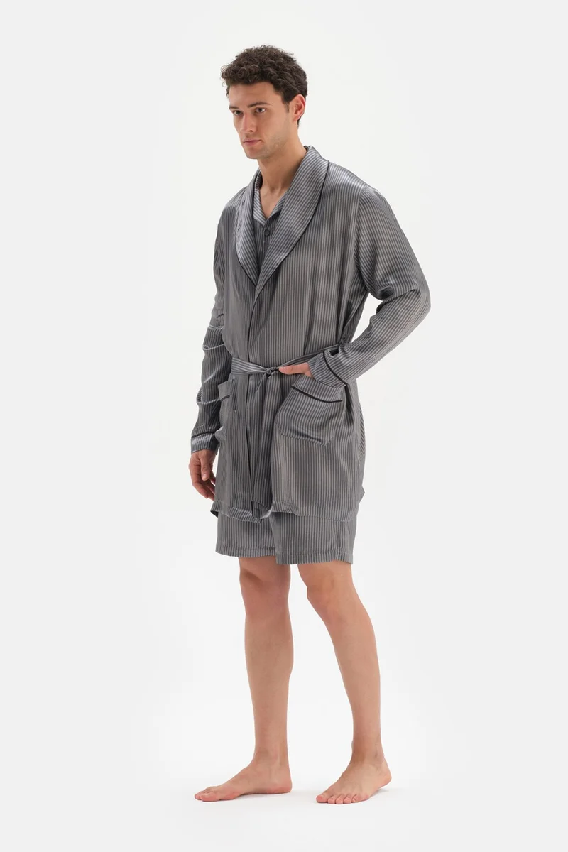 dagi Gray Shawl Collar Jacquard Satin Groom Dressing Gown