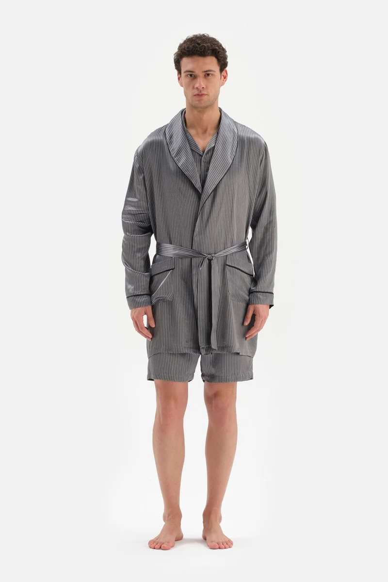 dagi Gray Shawl Collar Jacquard Satin Groom Dressing Gown