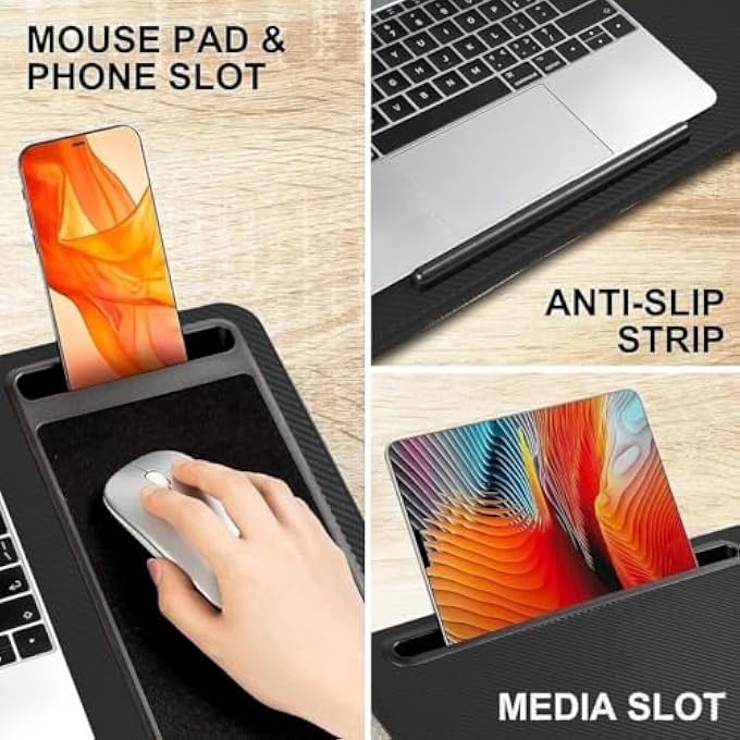 rayihni HYFIVE LAPTOP TRAY WITH CUSHION LAP DESK PILLOW PORTABLE LAPTOP TABLE TABLET LAP TABLE BUILT-IN MOUSE PAD AND PHONE HOLDER SLOT FOR BED TABLE SOFA LAPTOP DESK - BLACK - Image 3