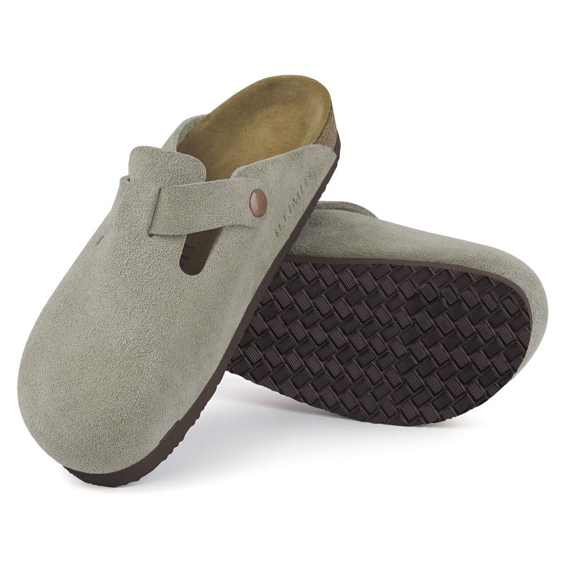ILLIMITE Suede Clogs for Women Men Cork Footbed Sandals Leather Mules Potato Shoes with Arch Support and Adjustable Buckle Taupe