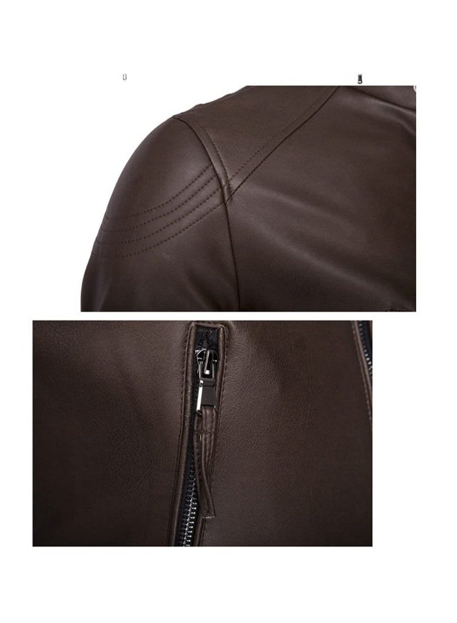 Generic PU Leather Locomotive Coat for Men, Zipper Jacket Motorcycle Jacket Zippered Coats Stylish Jackets Slim Coats Casual Jacket(Color : Dark Brown, Size : X-Large)  - Image 4