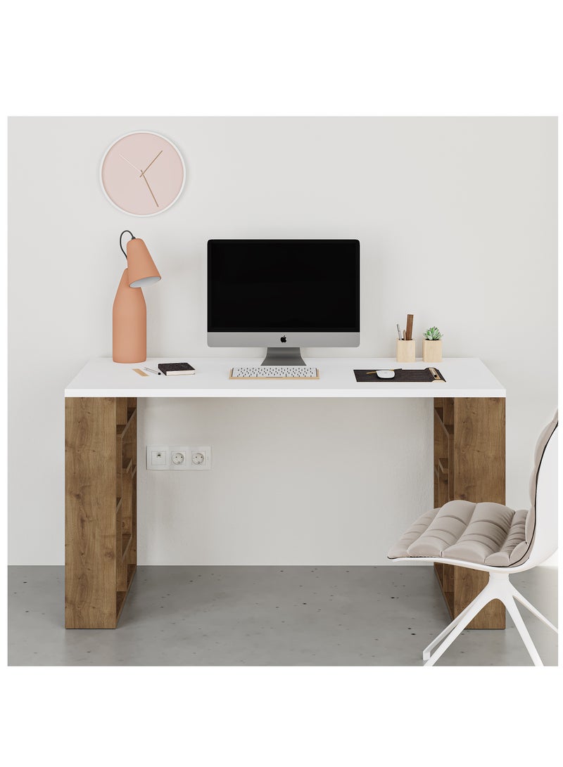 موراه طاولة عمل موراه لابيرنت مع مساحة تخزين - مكتب عمل مع مساحة تخزين على الجانبين - طاولة كمبيوتر مدمجة للمكتب المنزلي والكتابة والقراءة - 60×75×137 سم - أبيض/بني - Image 2