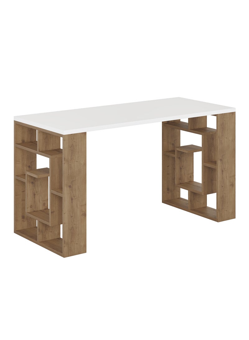 موراه طاولة عمل موراه لابيرنت مع مساحة تخزين - مكتب عمل مع مساحة تخزين على الجانبين - طاولة كمبيوتر مدمجة للمكتب المنزلي والكتابة والقراءة - 60×75×137 سم - أبيض/بني - Image 3