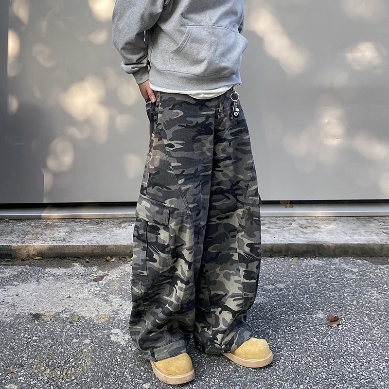 American Style Retro Multi-Pocket Overalls Camouflage Pants Mens High Street Loose Baggy Machete Pants Deconstructed Wide Leg Casual Pants Camouflage