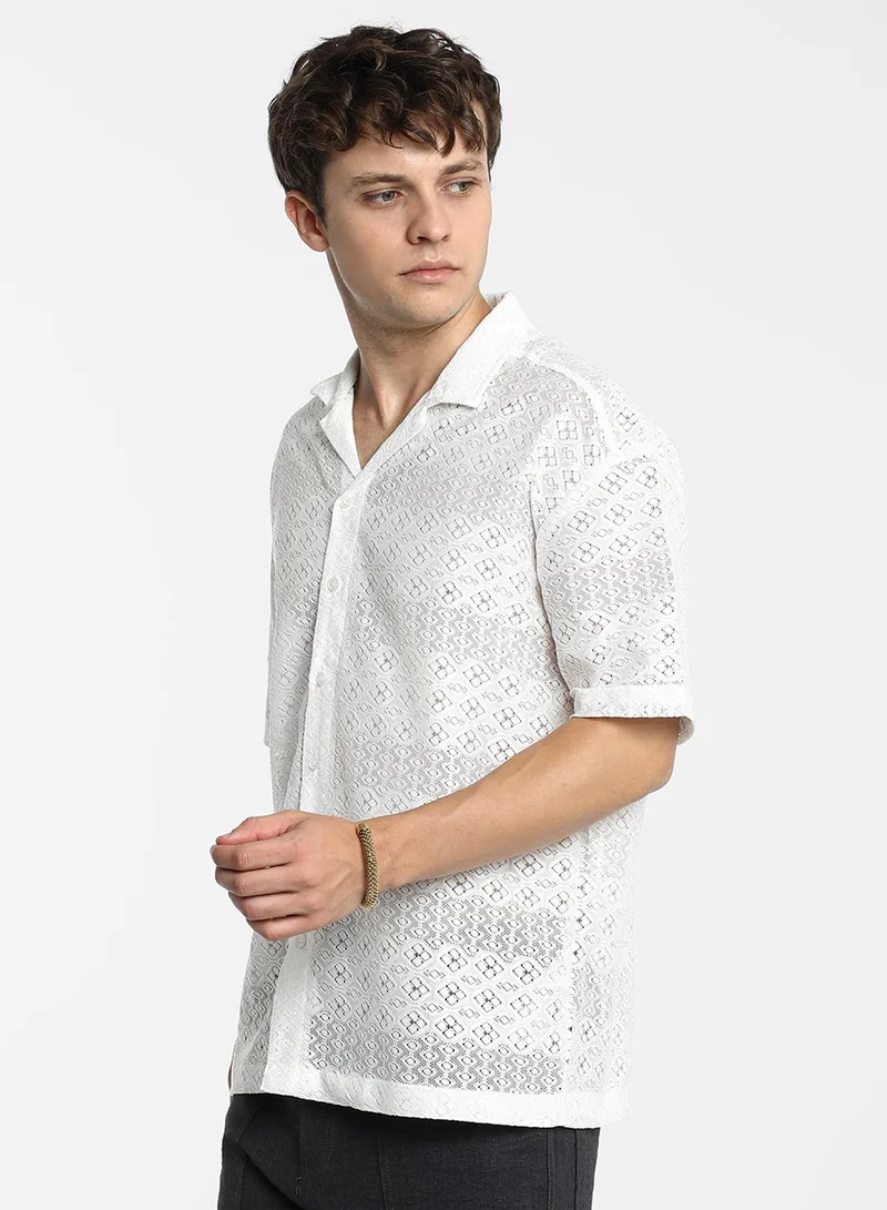 Campus Sutra Men's Ivory White Ditsy Knit Shirt
