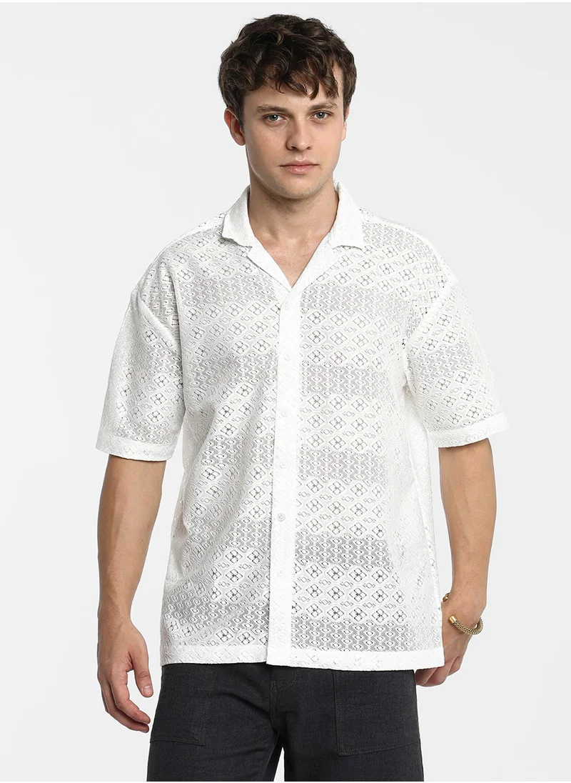 كامبوس سوترا Men's Ivory White Ditsy Knit Shirt