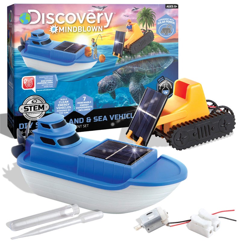Discovery Kids #MINDBLOWN Solar Land and Sea Vehicles, Kid’s DIY STEM 26-Piece You-Build-It Experiment Set for Children Ages 6+ and Older, 7 Renewable Energy Hands-On Learning Activities - Image 1