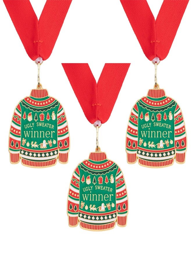 Jocomoni 3PCS Christmas Ugly Sweater Medal Award Contest Medals with Neck Ribbon Christmas Tree Ornament Contest Prizes for Ugly Sweater Contest Party Xmas Party Supplies - Image 1