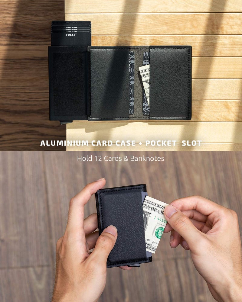 VULKIT VULKIT Credit Card Holder RFID Blocking Leather Automatic Pop Up Wallet Aluminum Slim Pocket Bifold Business Card Case Black  - Image 4
