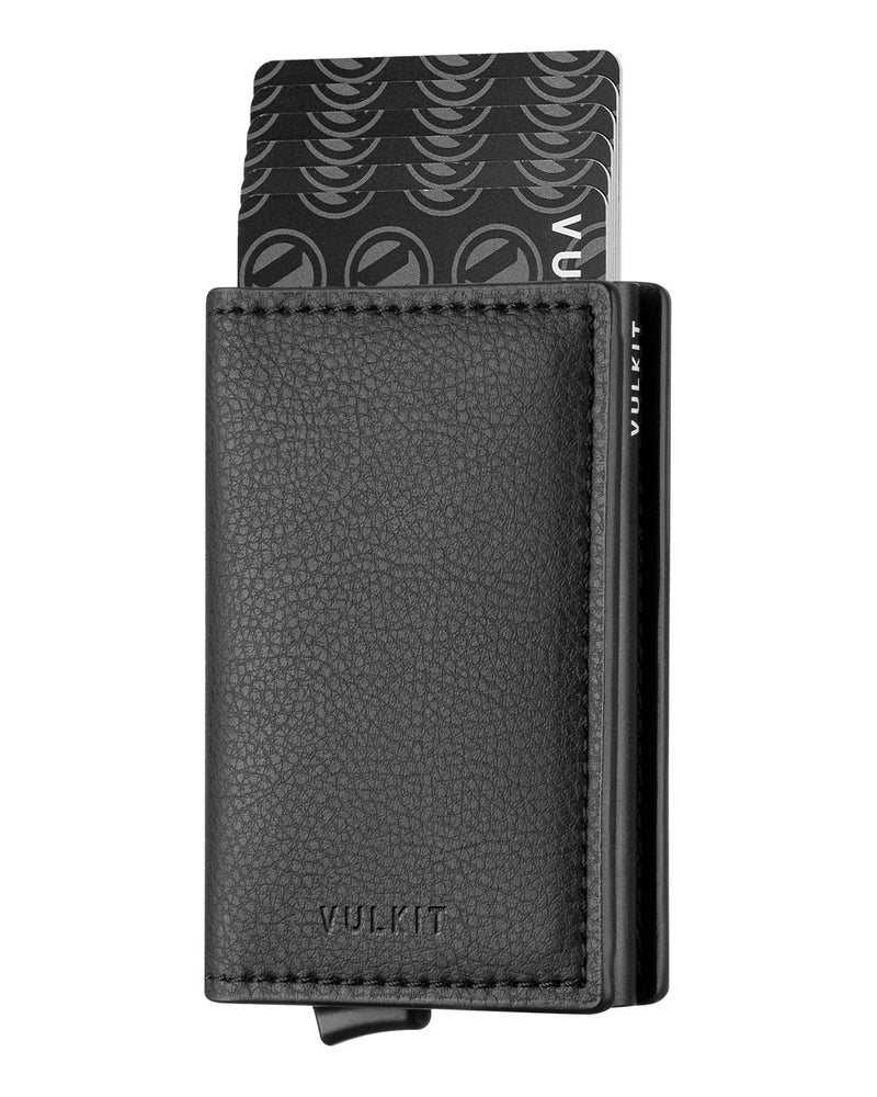 VULKIT VULKIT Credit Card Holder RFID Blocking Leather Automatic Pop Up Wallet Aluminum Slim Pocket Bifold Business Card Case Black  - Image 1