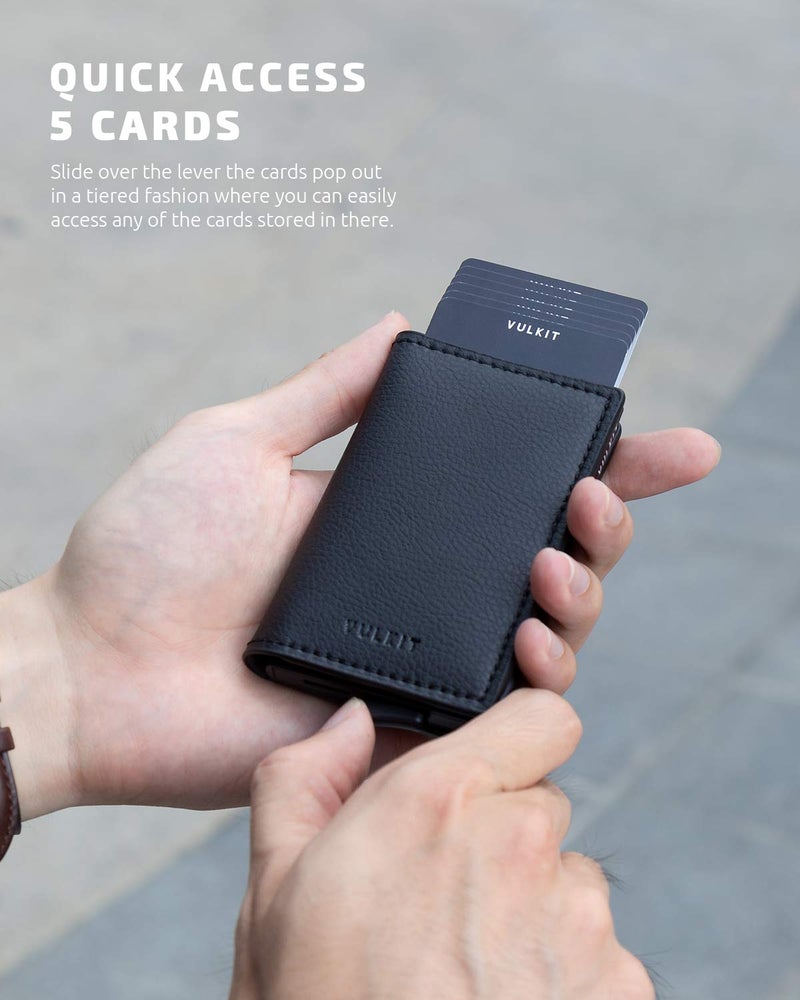 VULKIT VULKIT Credit Card Holder RFID Blocking Leather Automatic Pop Up Wallet Aluminum Slim Pocket Bifold Business Card Case Black  - Image 2