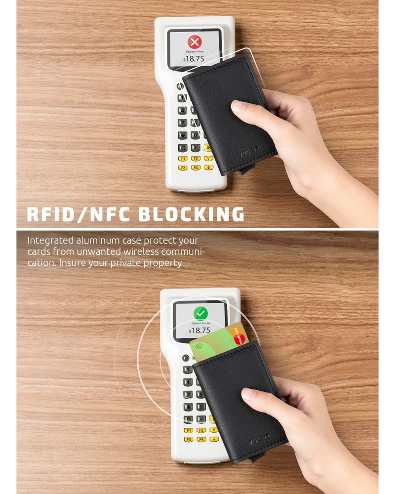 VULKIT VULKIT Credit Card Holder RFID Blocking Leather Automatic Pop Up Wallet Aluminum Slim Pocket Bifold Business Card Case Black  - Image 3