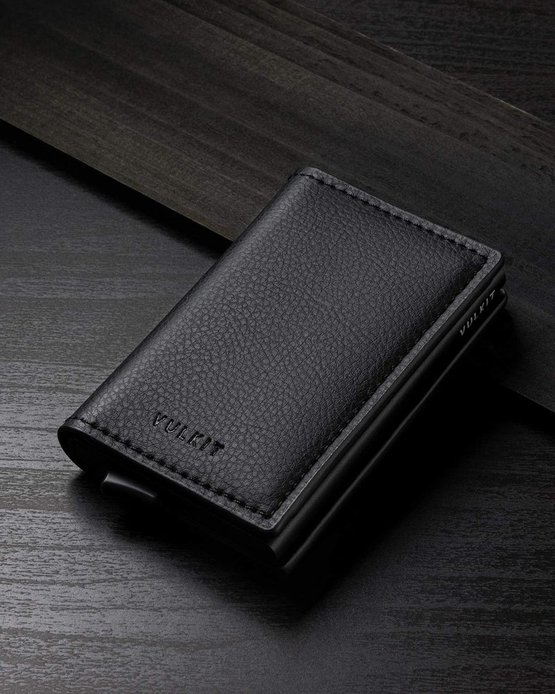 VULKIT VULKIT Credit Card Holder RFID Blocking Leather Automatic Pop Up Wallet Aluminum Slim Pocket Bifold Business Card Case Black  - Image 5