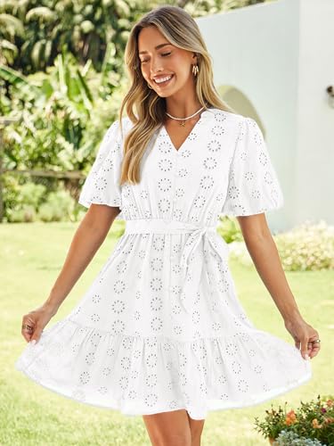 Simplee Apparel Simplee Womens Summer White Short Dresses 2026 V Neck Short Sleeve A Line Lace Ruffle Cute Casual Beach Party Mini Dresses(White L) - Image 3