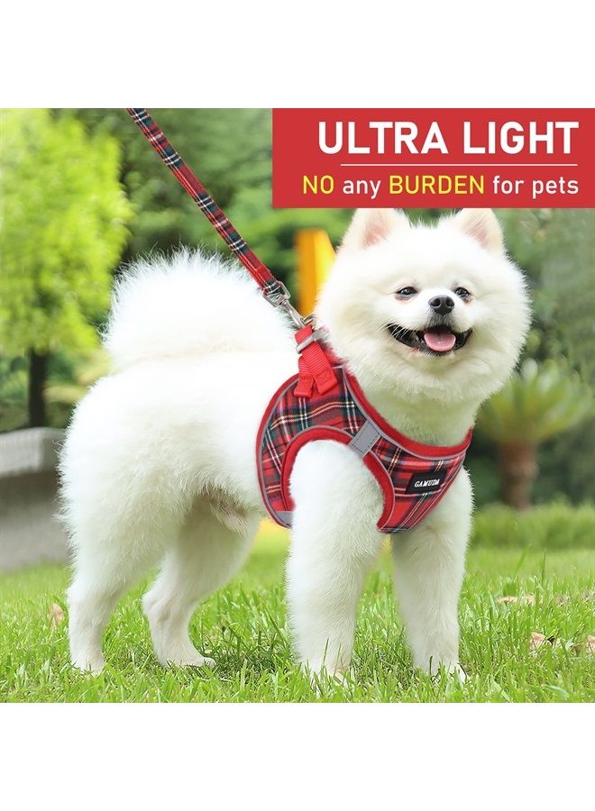 Small Pet Harness Collar and Leash Set, Step in No Chock No Pull Soft Mesh Adjustable Dog Vest Harnesses Plaid Reflective for Dogs Puppy and Cats Outdoor Training and Running (Red, XXS)