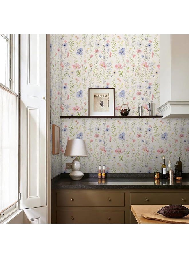 REDAMANCY Watercolor Wildflowers Green Leaf Red/Blue Flowers Peel and Stick Wallpaper Stick on Contact Paper Vintage Wall Paper Easy Peel Off for nightstand Drawer Cabinet Renter - Image 5