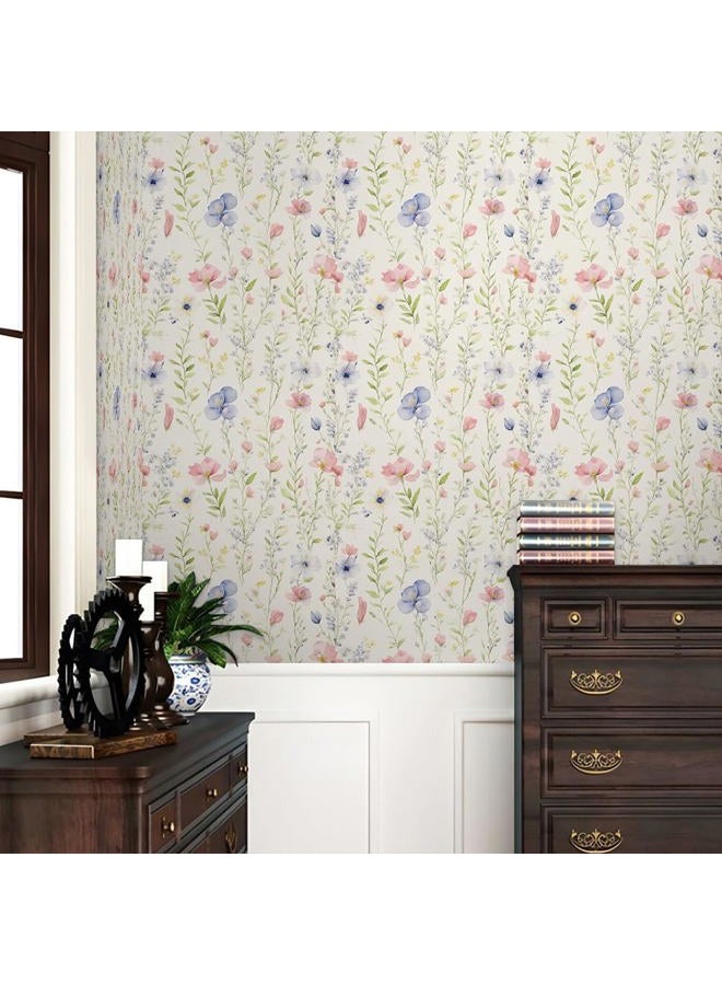 REDAMANCY Watercolor Wildflowers Green Leaf Red/Blue Flowers Peel and Stick Wallpaper Stick on Contact Paper Vintage Wall Paper Easy Peel Off for nightstand Drawer Cabinet Renter - Image 2