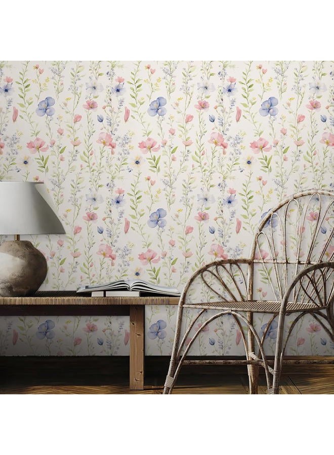 REDAMANCY Watercolor Wildflowers Green Leaf Red/Blue Flowers Peel and Stick Wallpaper Stick on Contact Paper Vintage Wall Paper Easy Peel Off for nightstand Drawer Cabinet Renter - Image 3