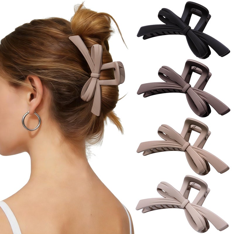 Mesovor 4 Pack Cute Bow Claw Clips, Nonslip 4.92" Large Matte Strong Hold Bows Hair Clips for Thin and Thick Hair | Chic Hairclips for Holidays or Everyday Hairstyle (Neutral Matte) - Image 1