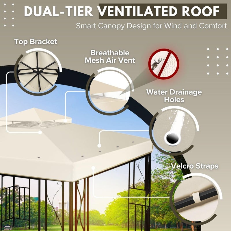 Flexzion Gazebo Cover Replacement Canopy Top 12x12 Ft (3.6m x 3.6m) - Double Tier Top Canopy Cover Replacement with UV30+, Dirt, Water Resistant for Outdoor, Sunshade, Garden, Patio, Pavilion (Ivory) - Image 5