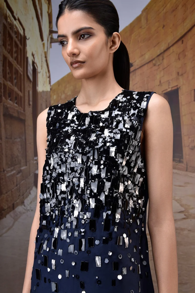 Genes Lecoanet Hemant  Navy Poly Wool Sequin Embellished Sleeveless Dress for Women | Best Price UAE