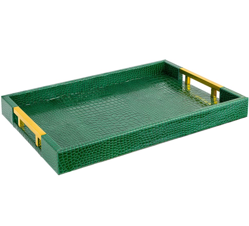Luxury Modern Elegant 18x12 Rectangle Crocodile Green Faux Leather Decorative Tray Ottoman Coffee Table Living Room Decor Kitchen Serving Tray with Gold Polished Metal Handles by Home Redefined