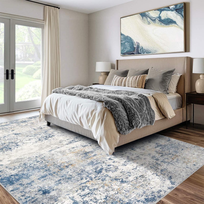 DMOYEST Area Rug Living Room Rugs - 5x7 Abstract Large Soft Indoor Washable Rug Neutral Modern Low Pile Carpet for Bedroom Dining Room Farmhouse Home Office - Blue - Image 3