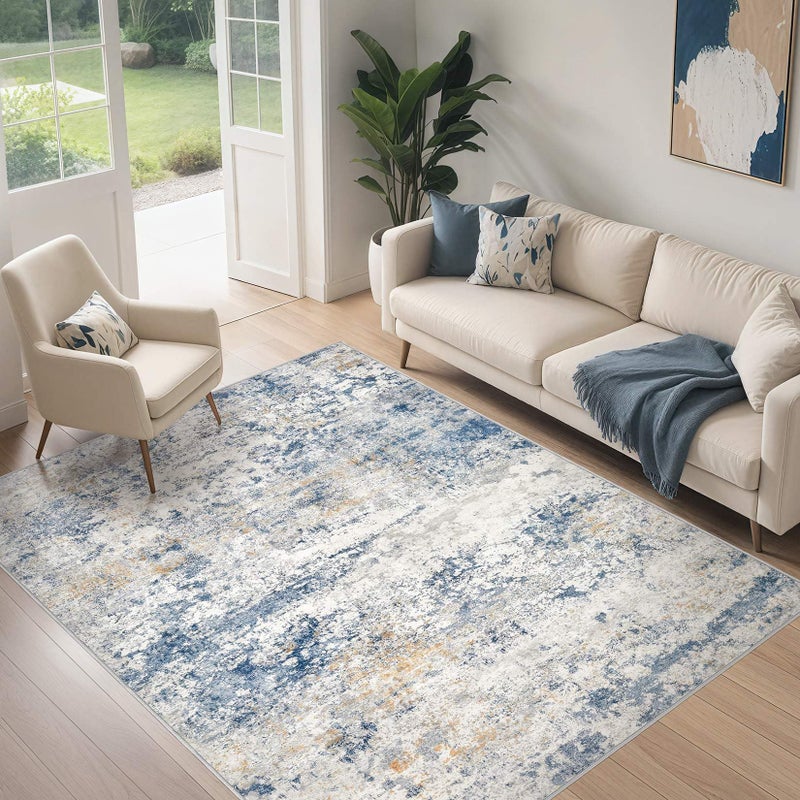 DMOYEST Area Rug Living Room Rugs - 5x7 Abstract Large Soft Indoor Washable Rug Neutral Modern Low Pile Carpet for Bedroom Dining Room Farmhouse Home Office - Blue - Image 2