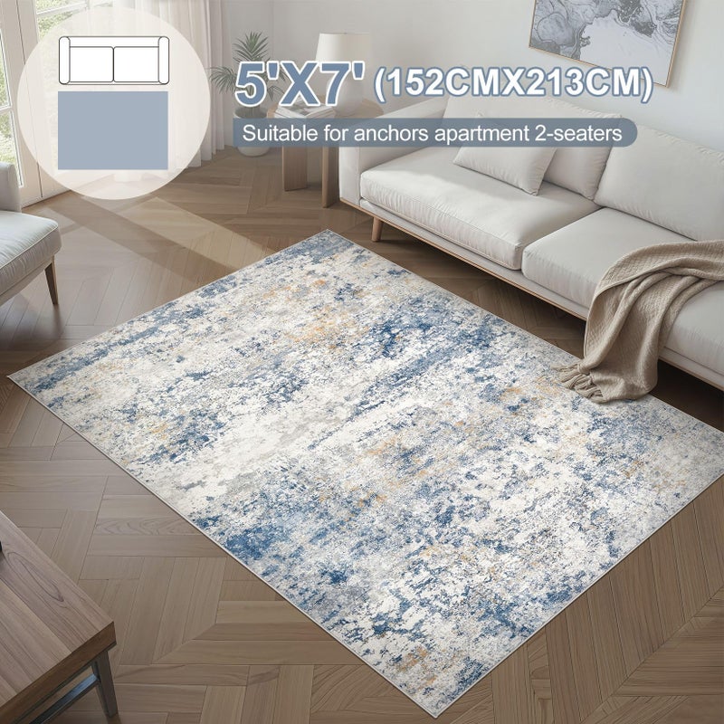 DMOYEST Area Rug Living Room Rugs - 5x7 Abstract Large Soft Indoor Washable Rug Neutral Modern Low Pile Carpet for Bedroom Dining Room Farmhouse Home Office - Blue - Image 4