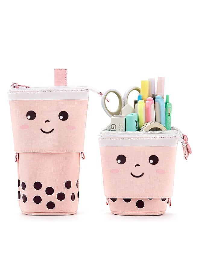 Cute Pencil Case, Upright Pen Holder, Retractable Makeup Bag, Pop-Up Makeup Bag With Cute Smile Face, Stationery Box, Office Storage Box Suitable For Girls, Students, Ladies, Adults (Pink) - Image 1