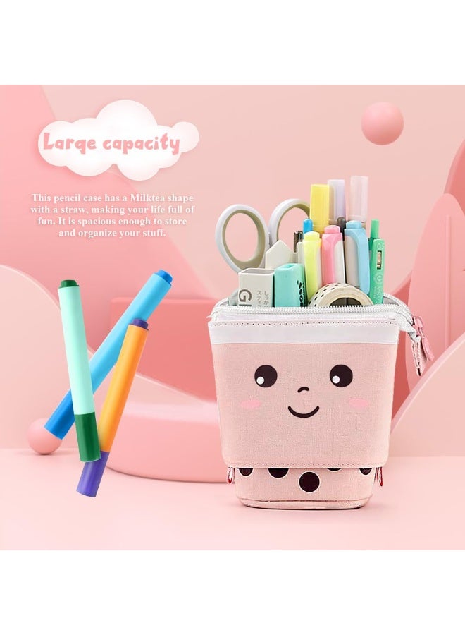 Cute Pencil Case, Upright Pen Holder, Retractable Makeup Bag, Pop-Up Makeup Bag With Cute Smile Face, Stationery Box, Office Storage Box Suitable For Girls, Students, Ladies, Adults (Pink) - Image 4