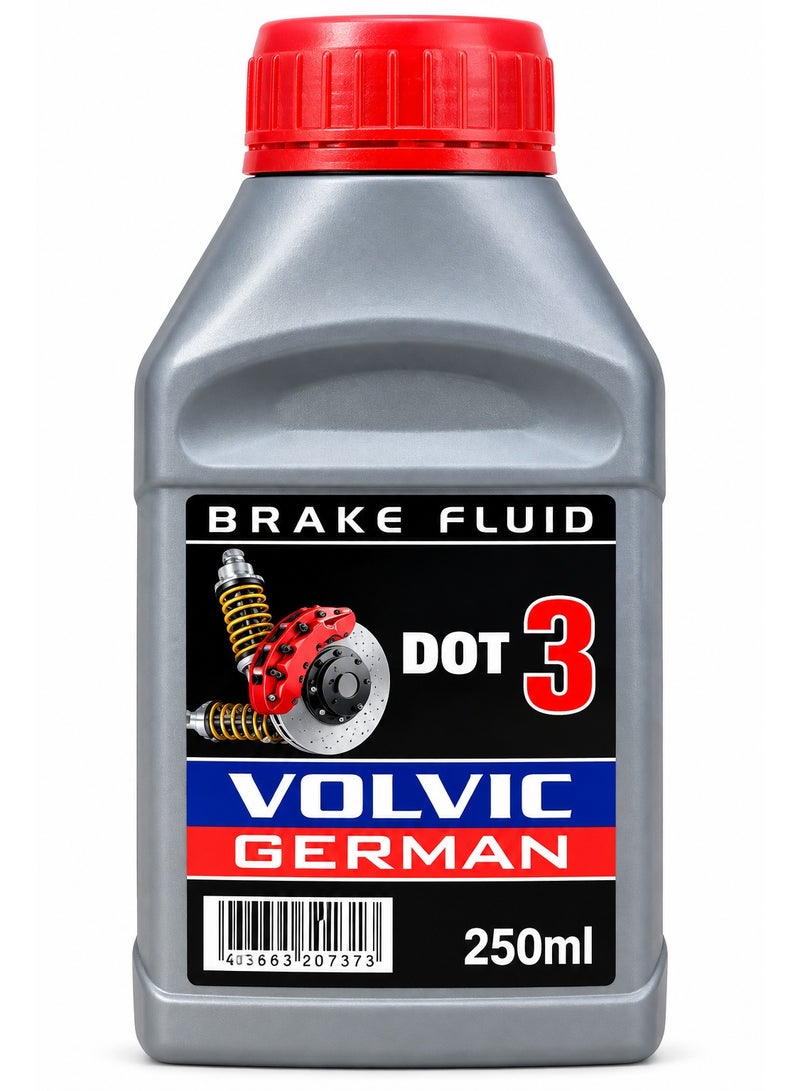 فولفيك سائل فرامل VOLVIC GERMAN DOT 3 سعة 250 مل، زيت فرامل هيدروليكي للسيارات والأنظمة المتوافقة، مصمم لدعم استجابة نظام الفرامل ونقل الضغط الهيدروليكي بكفاءة، مناسب للاستخدام في أنظمة الفرامل التي تتطلب DOT 3، عبوة 250 مل، صنع في الاتحاد الأوروبي - Image 1