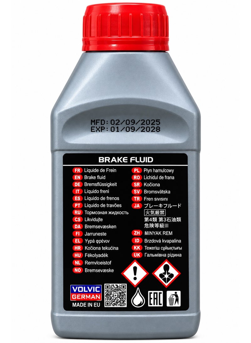 فولفيك سائل فرامل VOLVIC GERMAN DOT 3 سعة 250 مل، زيت فرامل هيدروليكي للسيارات والأنظمة المتوافقة، مصمم لدعم استجابة نظام الفرامل ونقل الضغط الهيدروليكي بكفاءة، مناسب للاستخدام في أنظمة الفرامل التي تتطلب DOT 3، عبوة 250 مل، صنع في الاتحاد الأوروبي - Image 2