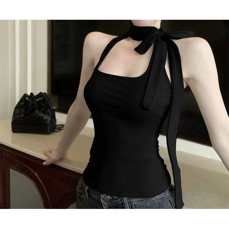 Niche Retro Square Neck Halterneck Lace-Up Bow Vest 2025 Style Slim Sleeveless Top Trendy - Image 1