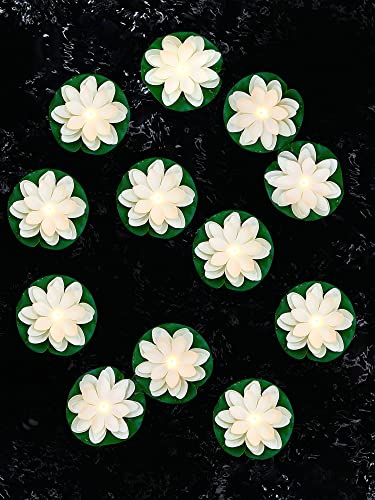 Hortsun 12 Pcs Floating Lotus Lights with Batteries Lily Pads Pool Flowers Floating Candles Decor Artificial Pond Plants Decorations for Pool Pond Outdoor Indoor White394 Inch - Image 1