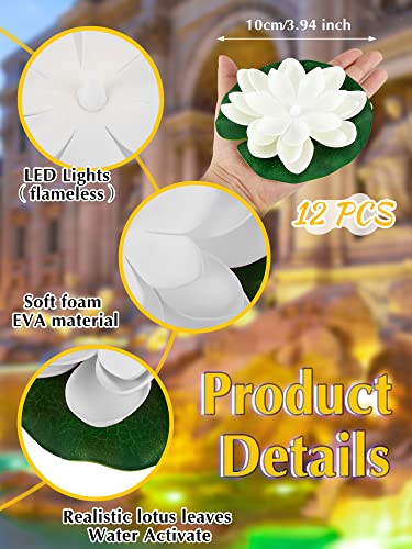Hortsun 12 Pcs Floating Lotus Lights with Batteries Lily Pads Pool Flowers Floating Candles Decor Artificial Pond Plants Decorations for Pool Pond Outdoor Indoor White394 Inch - Image 3