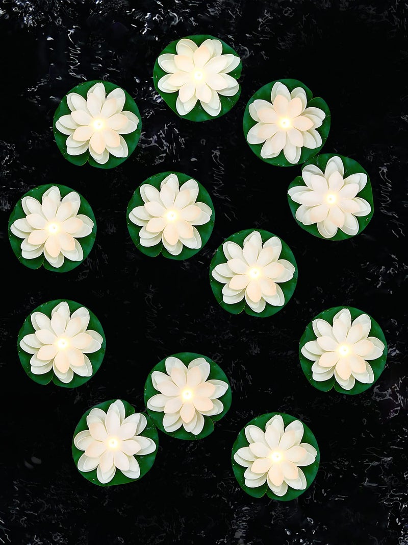 Hortsun 12 Pcs Floating Lotus Lights with Batteries Lily Pads Pool Flowers Floating Candles Decor Artificial Pond Plants Decorations for Pool Pond Outdoor Indoor White394 Inch - Image 2