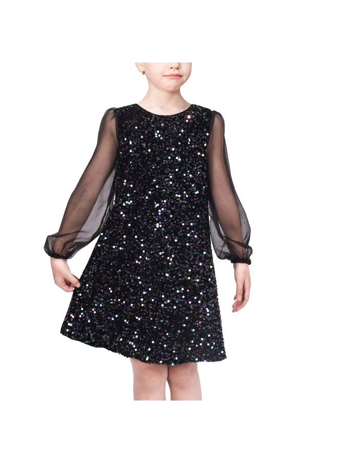 Sunny Fashion Girls Dress Black Sequin Sheer Mesh Long Sleeve Party Elegant Ball Gown Size 5  - Image 1