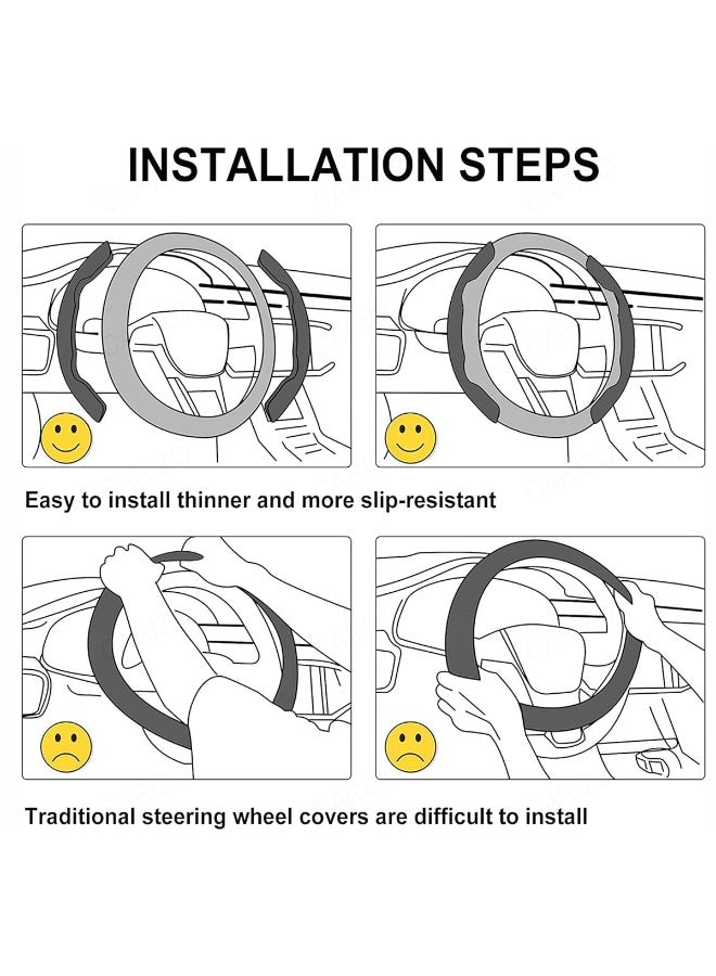 موب غطاء مقبض عجلة قيادة السيارة العالمي، طقم من قطعتين، نسيج كربوني، تصميم منقسم مضاد للانزلاق، سهل التركيب، قبضة مريحة لجميع المركبات، مقاوم للعرق، ممتص للصدمات، مقبض عجلة قيادة ناعم واقٍ للسيارات وسيارات الدفع الرباعي والشاحنات - Image 3