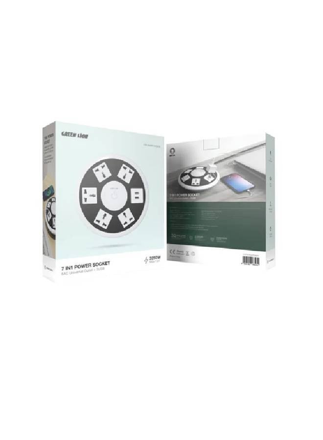 Green Lion 7 in 1 Power Socket with 5AC Universal Outlet, 2USB Ports and 2m Cable Length - Image 2