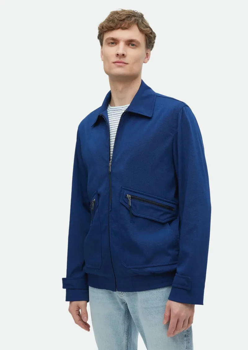 RAMSEY Navy Blue Regular Fit Shirt Collar Casual Weaving Coat