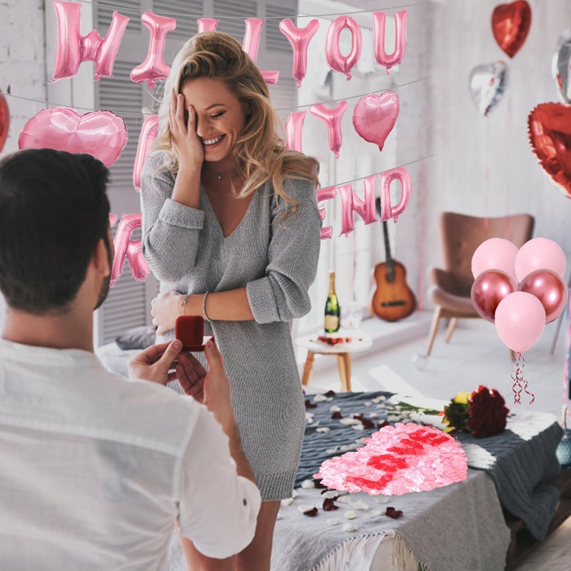 MXQHXZSX Pink 16" Will You Be My Girlfriend Balloons Letters - 18" Heart Balloons Alphabet Foil Mylar Balloons with 1200 Pcs Artificial Rose Petals for Valentines Day Decorations - Image 5